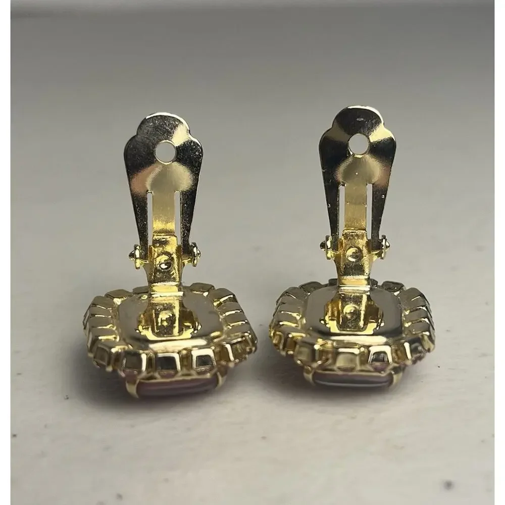 Pink Moonstone Art Glass Rhinestones Clip On Earrings 50s 60s MCM Mod Gold Tone